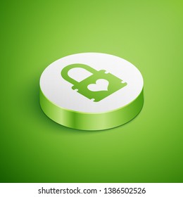 Isometric Padlock with heart icon isolated on green background. Locked Heart. Love symbol and keyhole sign. White circle button. Vector Illustration