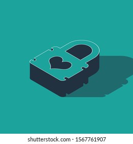 Isometric Padlock with heart icon isolated on green background. Locked Heart. Love symbol and keyhole sign.  Vector Illustration