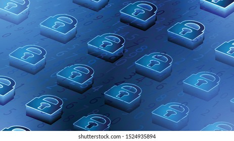 Isometric padlock, Lock security, Safety system. Binary code Background.Digital binary data and Secure Data Concept. Blue Background. Vector Illustration