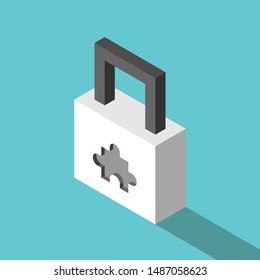Isometric padlock with slot for missing puzzle piece instead of keyhole. Solution, security, access, privacy and problem concept. Flat design. EPS 8 vector illustration, no transparency, no gradients
