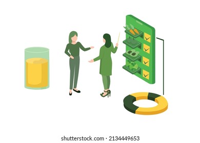 Isometric page for food and nutrition. Dietician and woman patient for smartphone dietology application. Dietitian doctor consultation about balanced vegetable diet or weight loss. Flat Design