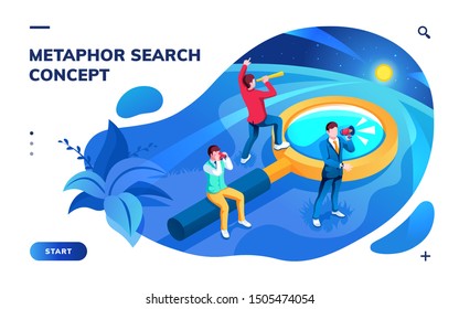 Isometric page for search concept. Metaphor for SEO and job, work, news and information searching. Analysis and optimization, monitoring and web surf app. Team with magnifying glass. Smartphone screen