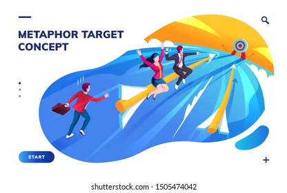 Isometric page for smartphone application with target or goal concept. Metaphor for aim in business success, reach sales or investment growth. Motivation plan or finance progress, leadership. Arrow