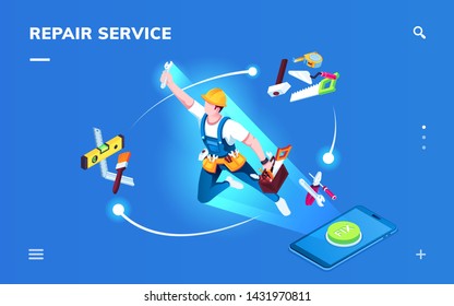 Isometric page for smartphone repair service application. Worker for apartment renovation or foreman with tools for construction or home fixing. Interior repairman, phone with fix button.Landing page