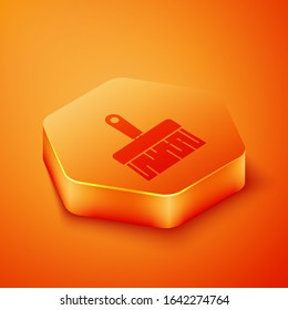 Isometric Paint brush icon isolated on orange background. Orange hexagon button. Vector Illustration