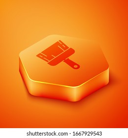 Isometric Paint pincel icono aislado en fondo naranja. Botón hexágono naranja. Ilustración vectorial