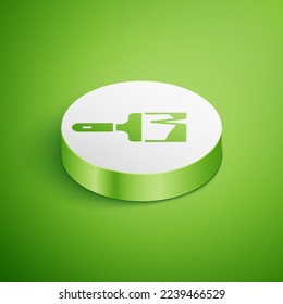 Isometric Paint pincel icono aislado en el fondo verde. Botón Círculo blanco. Vector
