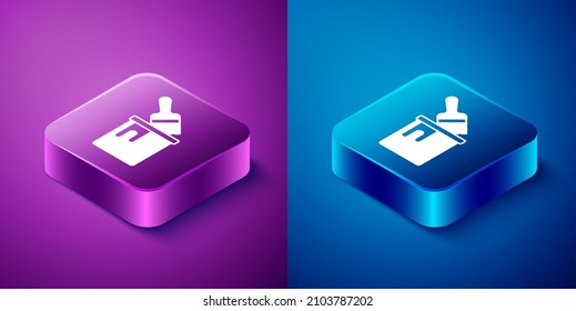 Isometrische Paint-Eimer mit Pinselsymbol einzeln auf blauem und violettem Hintergrund. Knopf Quadrat. Vektorgrafik