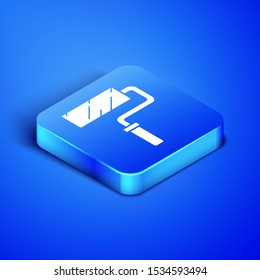 Isometric Paint roller brush icon isolated on blue background. Blue square button. Vector Illustration