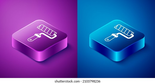 Isometric Paint roller brush icon isolated on blue and purple background. Square button. Vector