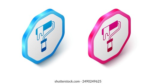Isometrisches Pinselsymbol auf weißem Hintergrund. Sechseck-Button. Vektorgrafik