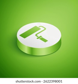 Isometric Paint roller brush icon isolated on green background. White circle button. Vector