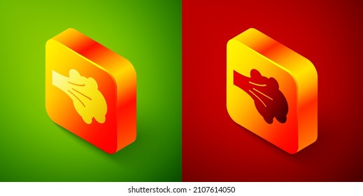Isometrisches Paint-Spray-Symbol einzeln auf grünem und rotem Hintergrund. Knopf Quadrat. Vektorgrafik