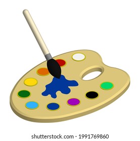 isometric painter palette with multicolored watercolors and art brush. Stationery for school and creativity. Realistic 3D vector