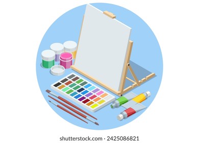 Isometric Painting, Drawing and Artwork Concept. Painting Tools Elements. Artistic Equipment: Easel, Paint Brushes, Tubes of Paint, Palette and Paintings on Work Table in a Artist Studio.