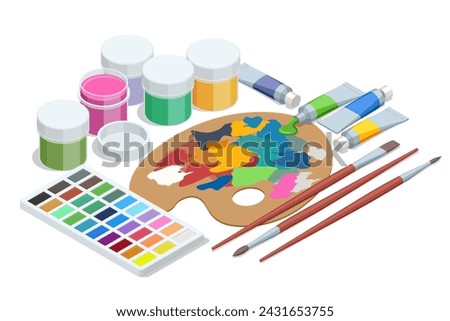 Isometric painting tools elements vector set, artistic accessories, gouache, many brushes, paint tubes, brushes, pencil, watercolor, and palette