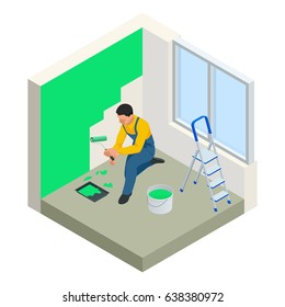 Isometric Paintroller painting white wall with roller green paint. Flat 3d modern vector illustration. Paintroller, people occupations, profession.