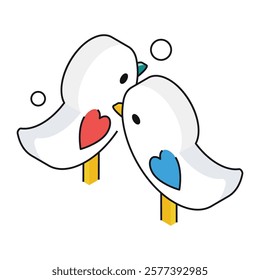 Isometric pair of birds with intertwined hearts, suited for dating apps, anniversary gifts, and nature-inspired love content.