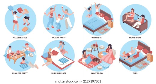 Isometric pajama party sleepover round compositions set with friends wearing pyjamas doing fun activities at home 3d isolated vector illustration
