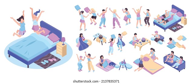 Isometric pajamas icon set girlie party with jumping on beds in pajamas pillow fights wine and cake party dancing vector illustration