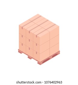 Isometric pallet with boxes. A pallet with small cardboard boxes for transportation and storage. Cargo concept. Design for landing page of modern warehouse. Vector 3d illustration on white background.