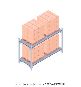 Isometric pallet rack with boxes. Metal rack loaded with wooden pallets for delivery and storage. Design for landing page of modern warehouse. Vector 3d illustration on white background.