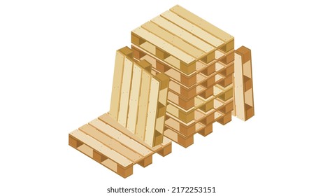 Isometric pallets in stack and several around for packaging and transportation isolated on white background. Vector illustration.