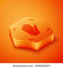 Isométrico icono de reconocimiento de impresión de Palm aislado en el fondo naranja. Escaneo biométrico a mano. Identificación de huellas digitales. Reconocimiento y verificación del sistema. Botón hexágono naranja. Vector