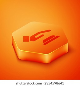 Isometric Palm print recognition icon isolated on orange background. Biometric hand scan. Fingerprint identification. System recognition and verification. Orange hexagon button. Vector