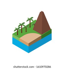 Isometric palm trees and volcano design, Summer nature element earth eco ecology conservation bio environment and outdoor theme Vector illustration