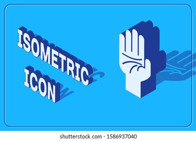 Isometric Palmistry of the hand icon isolated on blue background.  Vector Illustration