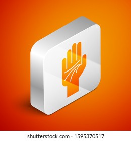 Isometric Palmistry of the hand icon isolated on orange background. Silver square button. Vector Illustration