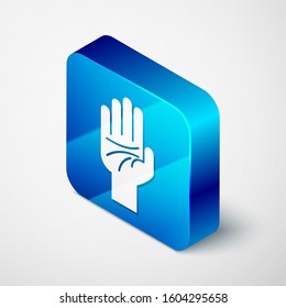 Isometric Palmistry of the hand icon isolated on white background. Blue square button. Vector Illustration