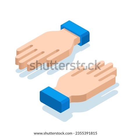 isometric palms directed in different directions in color on a white background, design element, asking or giving hand
