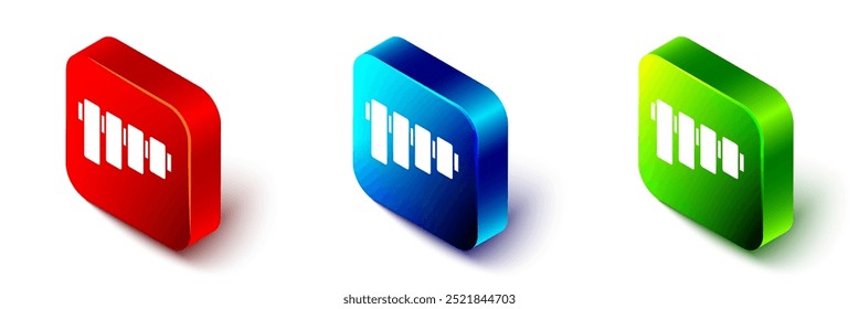 Isometric Pan flute icon isolated on white background. Traditional peruvian musical instrument. Folk instrument from Peru, Bolivia and Mexico. Red, blue and green square button. Vector