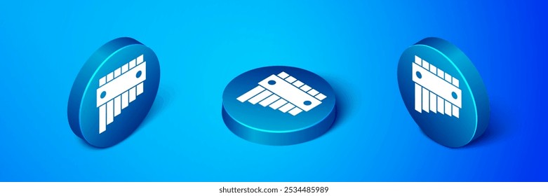 Isometric Pan flute icon isolated on blue background. Traditional peruvian musical instrument. Folk instrument from Peru, Bolivia and Mexico. Blue circle button. Vector