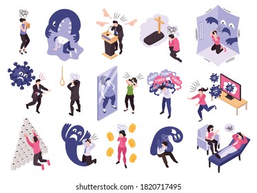 Isometric panic attack people set with isolated icons and conceptual compositions of human characters and monsters vector illustration 