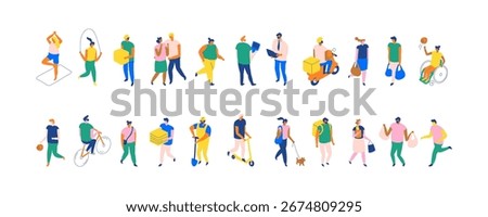 Isometric panoramic banner with colorful people in urban lifestyle activities, delivery, fitness, cycling, social interaction, modern city diversity illustration.