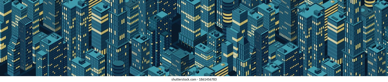 Isometric panoramic night city skyline. Vector illustration in flat design.