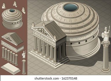 Isometric Pantheon Building Ancient Rome Tiles for Online Strategic Game Insight and Development. Isometric Flat 3D Roman Imperial Buildings Set. Game Phenomena Rome Caesar Age. Vector Temple Empire.