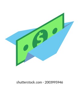 Isometric paper airplane with dollar. A paper airplane with a banknote is a symbol of electronic transactions. 