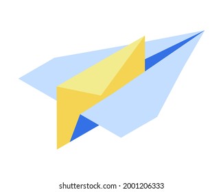 Isometric paper airplane with an envelope. A paper plane is flying to deliver a letter in an envelope.