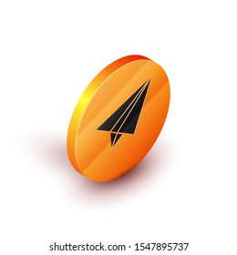 Isometric Paper airplane icon isolated on white background. Orange circle button. Vector Illustration