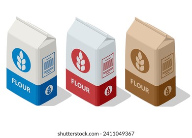 Isometric Paper Bag with Wheat Flour isolated on white. Different flour of wheat cereal in bakery bags. Organic flour