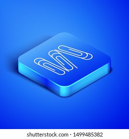 Isometric Paper clip icon isolated on blue background. Blue square button. Vector Illustration