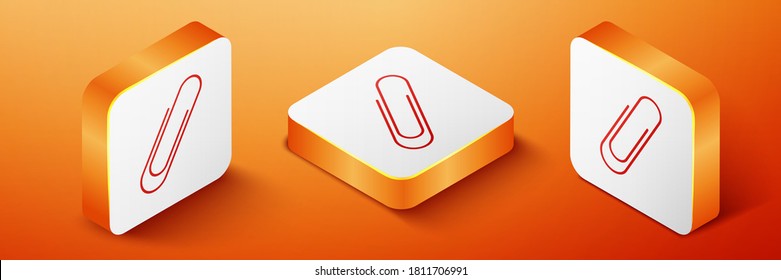 Isometric Paper clip icon isolated on orange background. Orange square button. Vector.