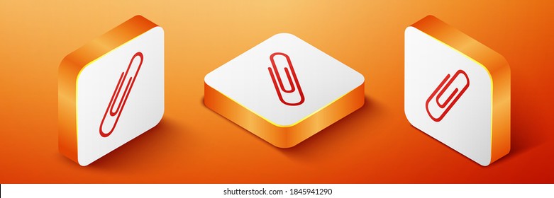 Isometric Paper clip icon isolated on orange background. Orange square button. Vector.