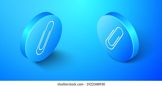 Isometric Paper clip icon isolated on blue background. Blue circle button. Vector.