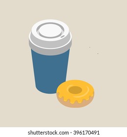 Isometric paper cup of coffee with white cap and glazed donut isolated on beige background, vector illustration.