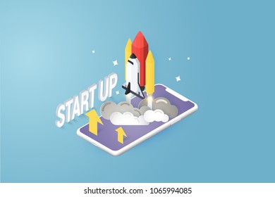 isometric and paper cut style of rocket illustration, start up symbol vector illustration